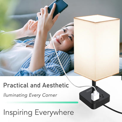 Dimmable Table Lamp with USB Charging Ports and Outlets, White Fabric Shade, Touch Control, Ideal for Bedroom, Living Room, Dorm, and Home Office