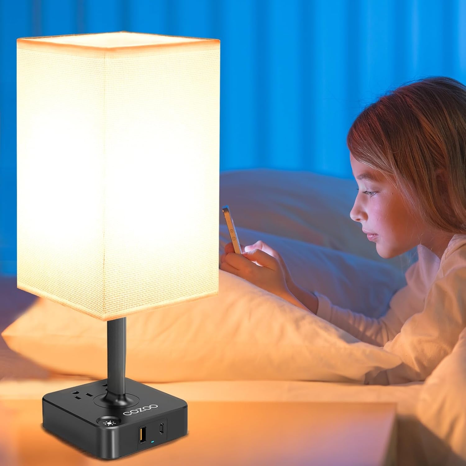 Dimmable Table Lamp with USB Charging Ports and Outlets, White Fabric Shade, Touch Control, Ideal for Bedroom, Living Room, Dorm, and Home Office