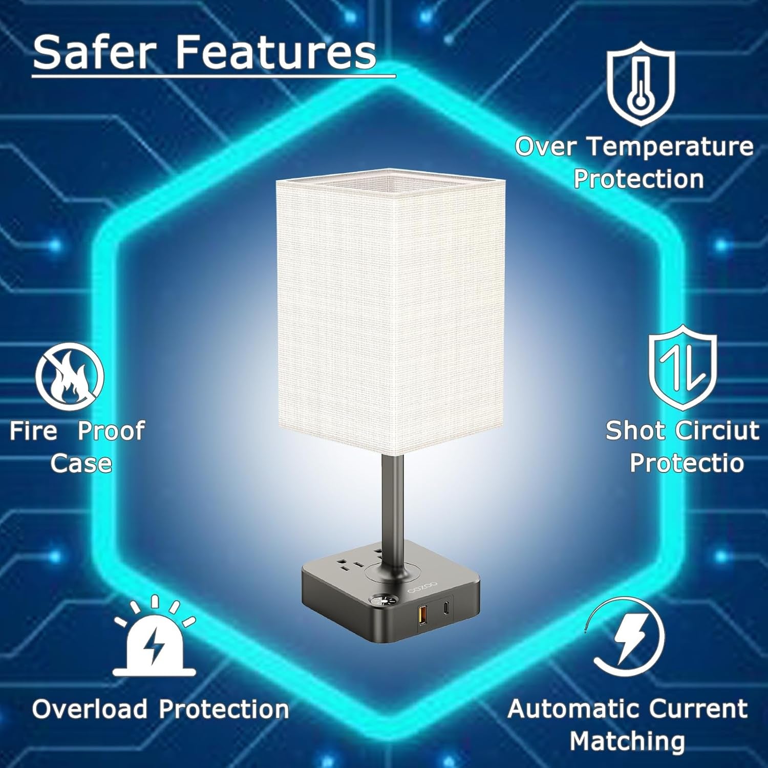 Dimmable Table Lamp with USB Charging Ports and Outlets, White Fabric Shade, Touch Control, Ideal for Bedroom, Living Room, Dorm, and Home Office