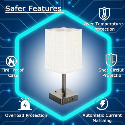 Dimmable Table Lamp with USB Charging Ports and Outlets, White Fabric Shade, Touch Control, Ideal for Bedroom, Living Room, Dorm, and Home Office