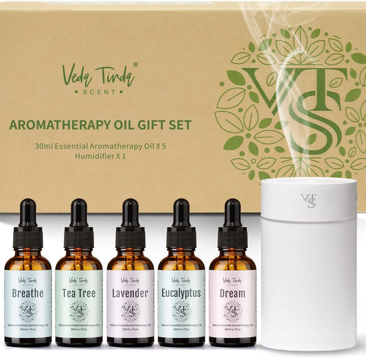 VTS Essential Oils Set with Humidifier, Nature Pure Organic Essential Oils for Humidifier, 1 Fl. Oz X 5 Aromatherapy Oils, Lavender, Tea Tree, Eucalyptus, Breathe, Dream Blends