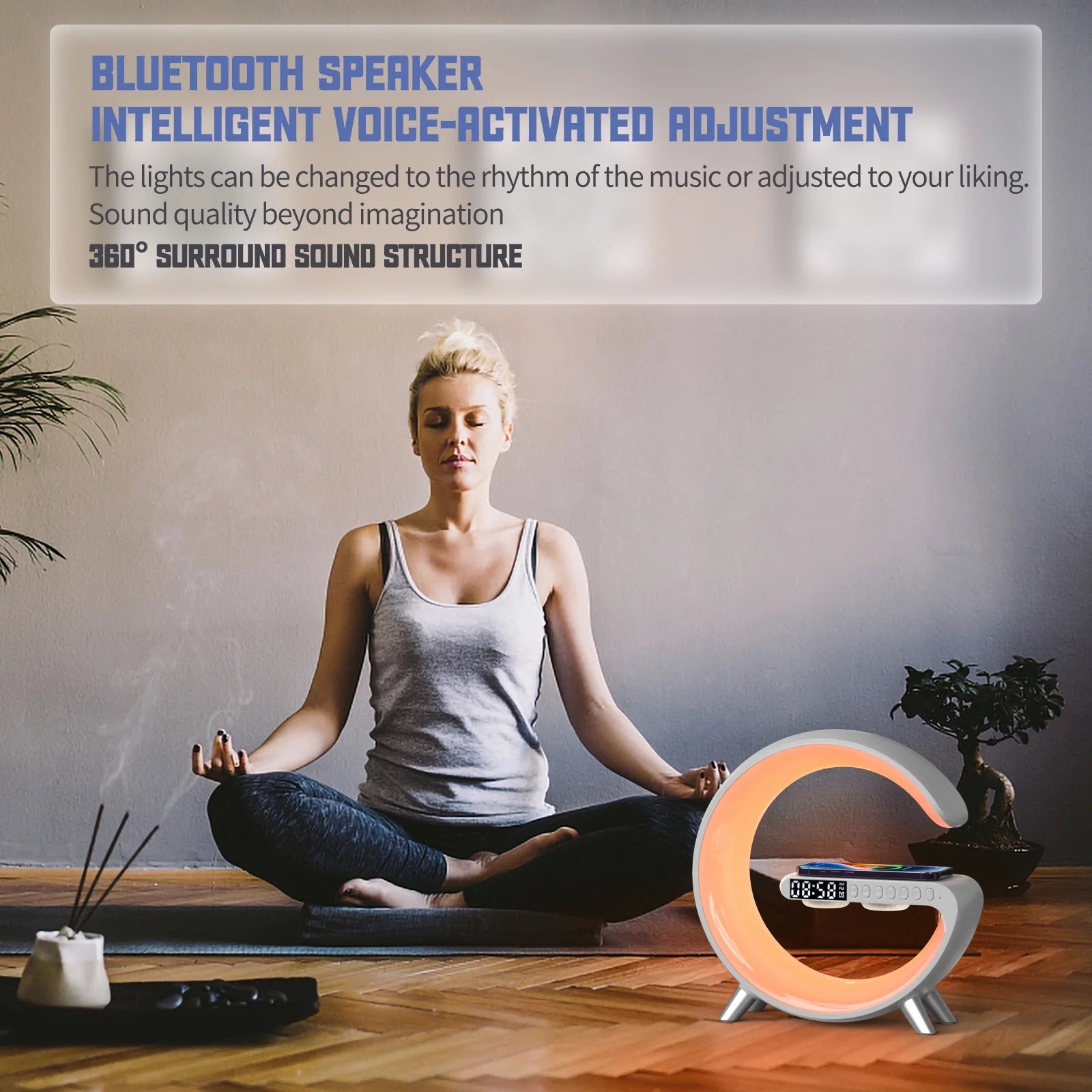 Multifunctional Wireless Charger Alarm Clock Bluetooth Speaker App Control Rgb Night Light Charging Station for Iphone 11 12 13 14 Samsung, White