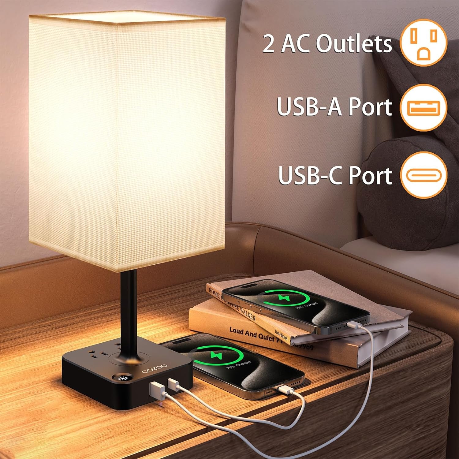 Dimmable Table Lamp with USB Charging Ports and Outlets, White Fabric Shade, Touch Control, Ideal for Bedroom, Living Room, Dorm, and Home Office