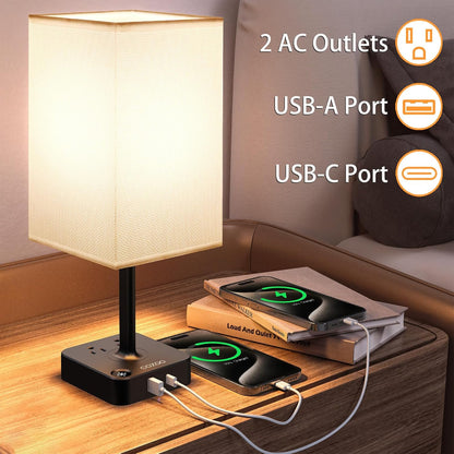 Dimmable Table Lamp with USB Charging Ports and Outlets, White Fabric Shade, Touch Control, Ideal for Bedroom, Living Room, Dorm, and Home Office