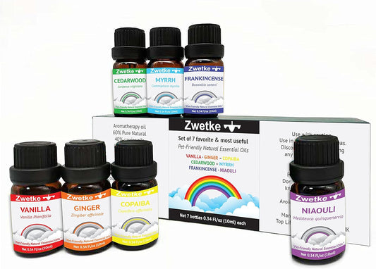 Pet-Friendly 7 Essential Aromatherapy Oils Gift-Set – Vanilla Ginger Copaiba Cedarwood Myrrh Frankincense Niaouli for the Whole Family with Pets around - 60% Pure Oils 40% Pet-Compatible Carrier Oils