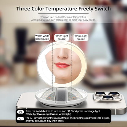LED Tri-Color Adjustable Cosmetic Mirror, Foldable Portable Travel Cosmetic Mirror, Dimmable Touch Screen,
