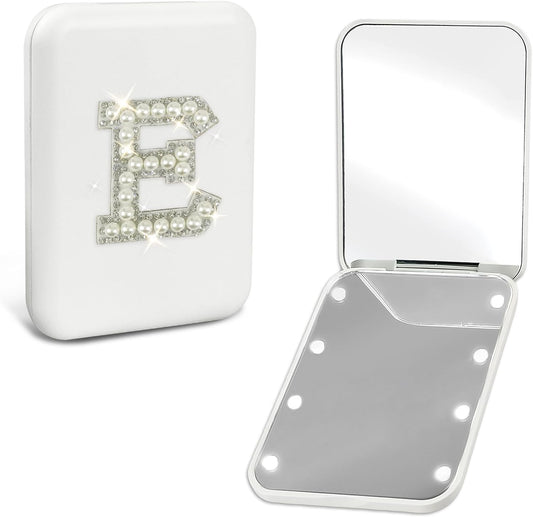 Personalized Gifts for 7 8 9 10 11 12 13 14 15 16 Year Old Girl Cute Pearl Initial Compact Mirror with Lights Small LED Pocket Makeup Mirror Teen Girls Trendy Stuff Travel Essentials White E