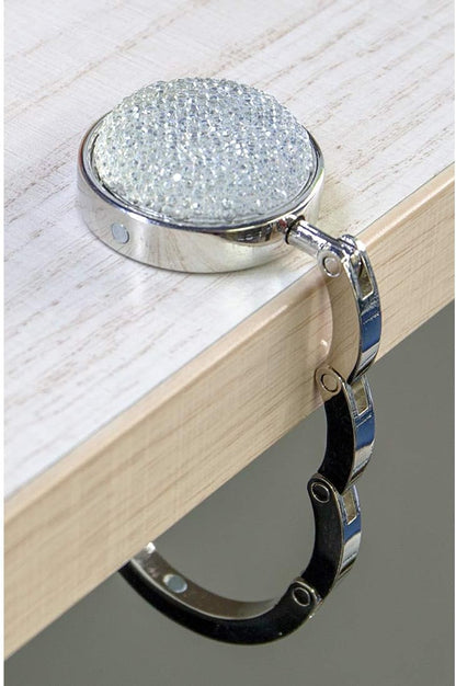 Foldable Purse Hook Floding Handbag Hanger Bling Rhinestone Bag Holder for Table Desk 1 PCS White