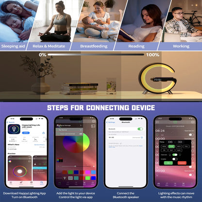 Multifunctional Wireless Charger Alarm Clock Bluetooth Speaker App Control Rgb Night Light Charging Station for Iphone 11 12 13 14 Samsung, White